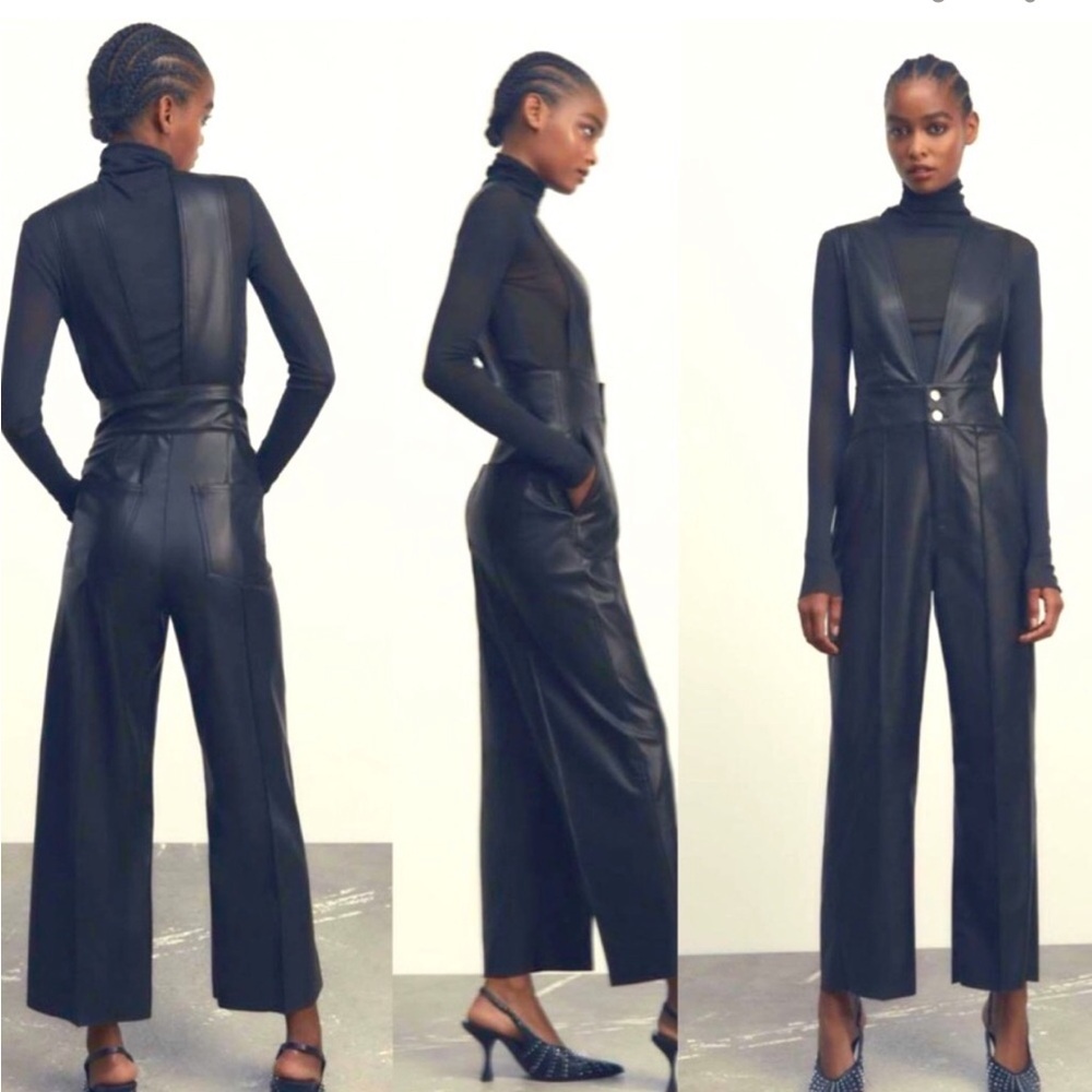 Zara pleather plunge front overalls jumper jumpsuit size small new